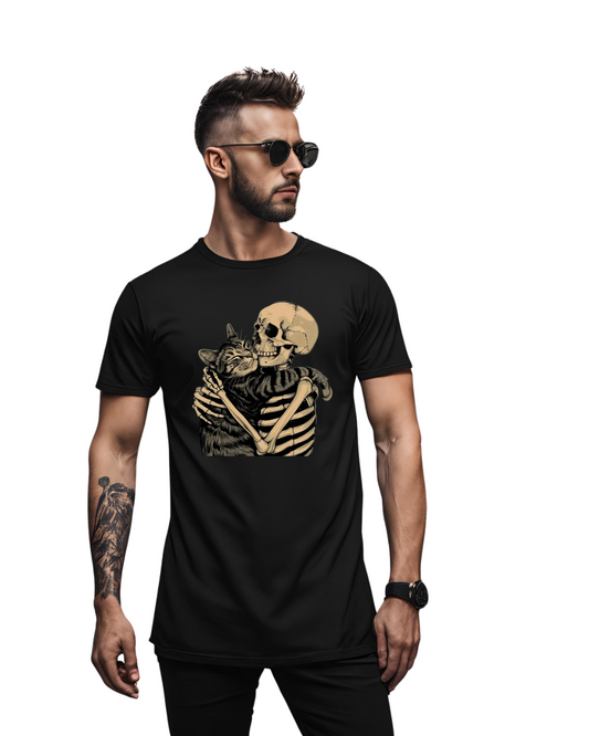 Cat and Skeleton Hugging Tee Goth Gothic T-Shirt Cotton Unisex