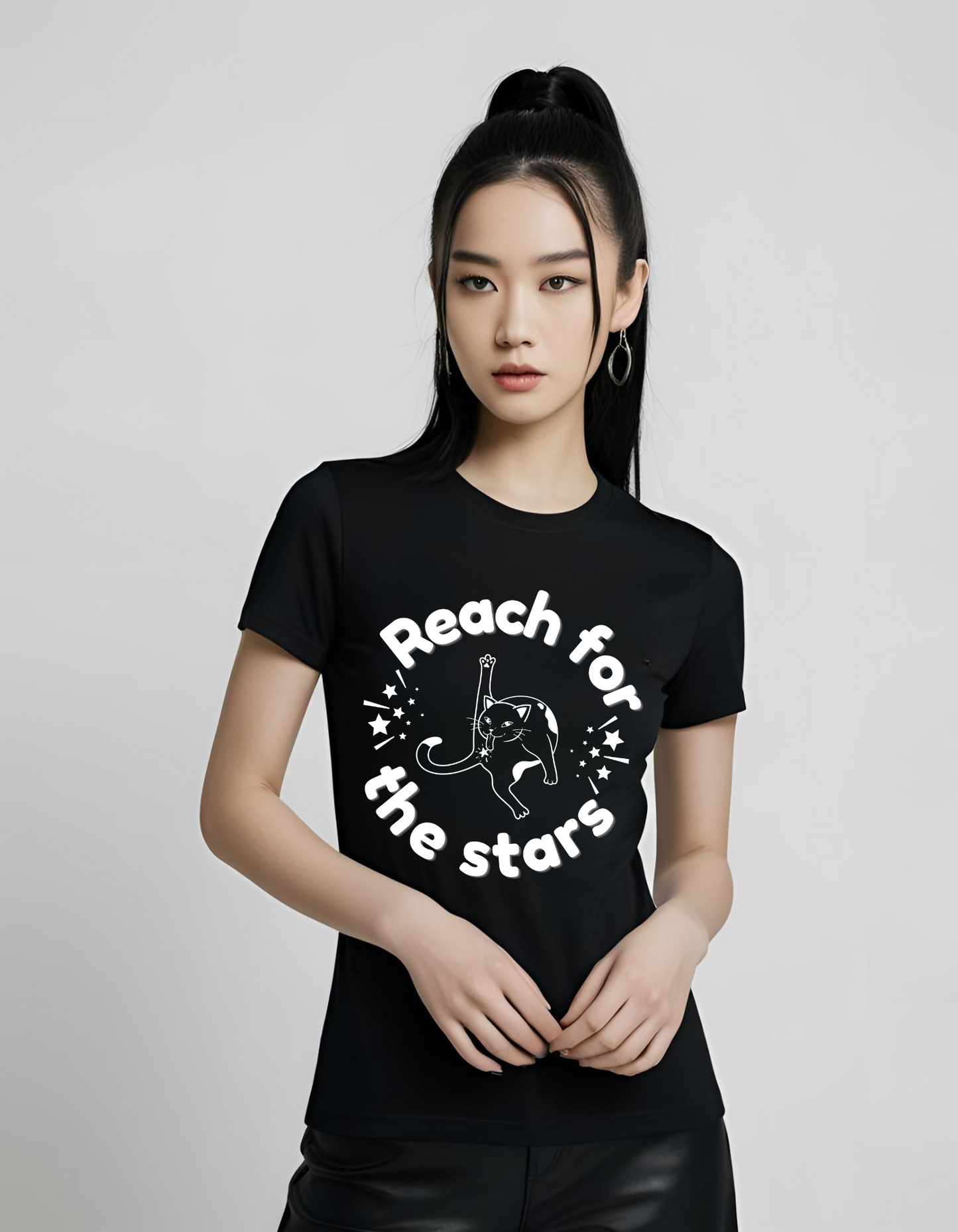 Reach for the Stars Funny Cat T-Shirt Cat Lover Unisex Cotton