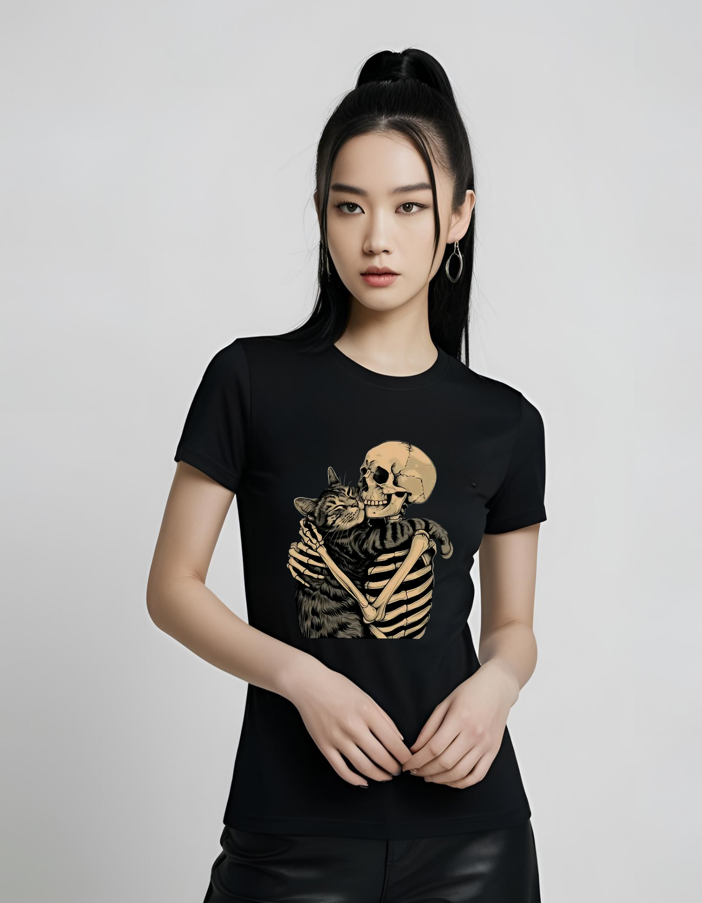 Cat and Skeleton Hugging Tee Goth Gothic T-Shirt Cotton Unisex