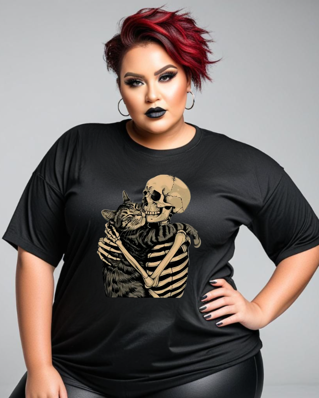 Cat and Skeleton Hugging Tee Goth Gothic T-Shirt Cotton Unisex